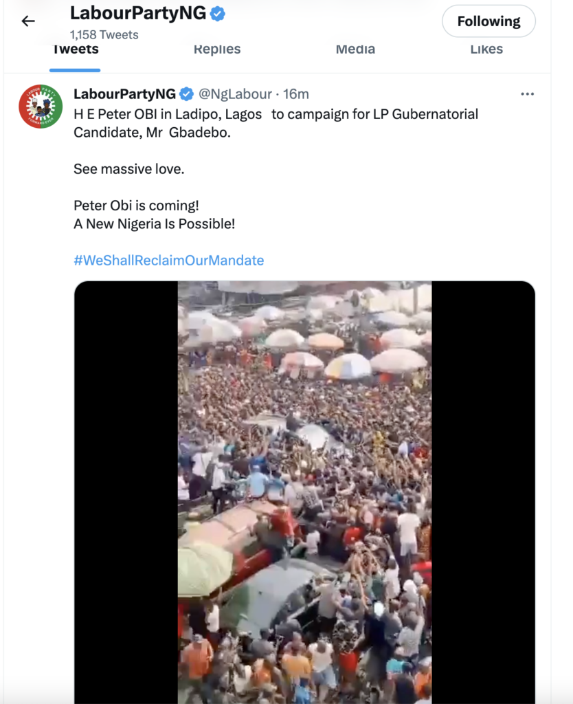 FACT-CHECK: Did Peter Obi Campaign for LP Candidate, Rhodes-Vivour at Ladipo Spare Parts Market on Thursday?