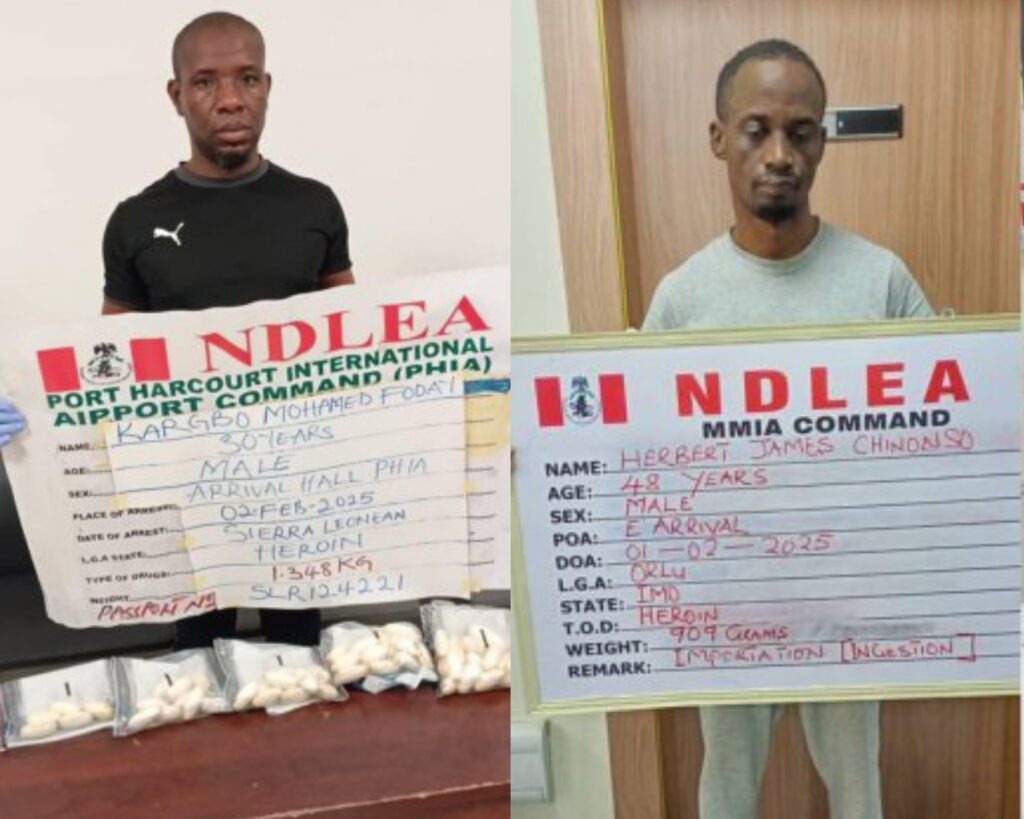 NDLEA Nabs Two Drug Kingpins, Excrete 125 Wraps of Heroin at Lagos, Port Harcourt Airports