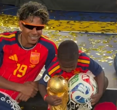 Reactions as Yamal Hands World Cup Trophy to Brother, Keyne