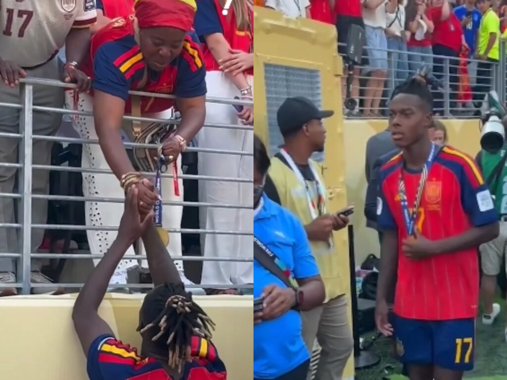 Watch: Emotional Moment Spanish-Born Ghanaian Footballer, Nico Williams, Hands W/Cup Medal to Mother